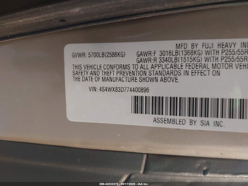 2007 Subaru B9 Tribeca Limited 5-Passenger VIN: 4S4WX83D774400896 Lot: 43232375