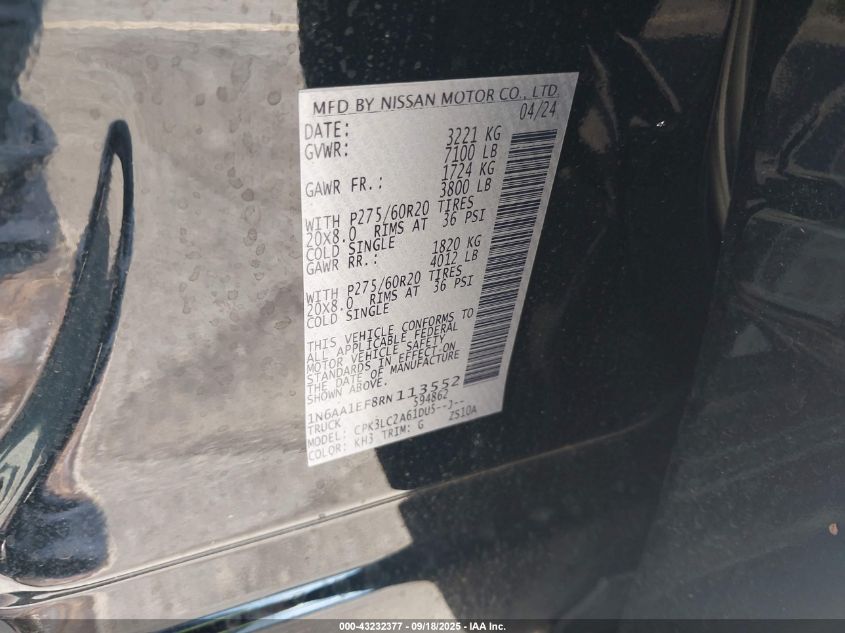 2024 Nissan Titan Sv 4X2 VIN: 1N6AA1EF8RN113552 Lot: 43232377
