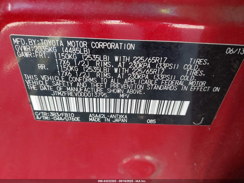 2013 TOYOTA RAV4 LE - JTMZFREV0DD013795