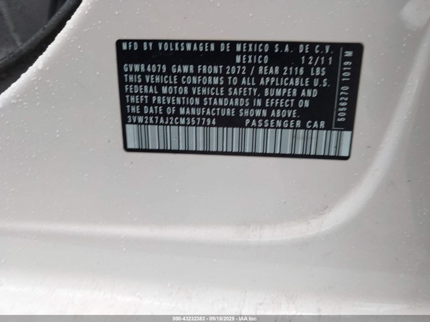 2012 Volkswagen Jetta 2.0L S VIN: 3VW2K7AJ2CM357794 Lot: 43232383