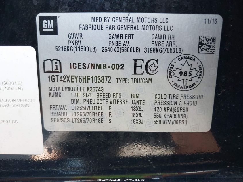 2017 GMC Sierra 3500Hd Slt VIN: 1GT42XEY6HF103872 Lot: 43232424