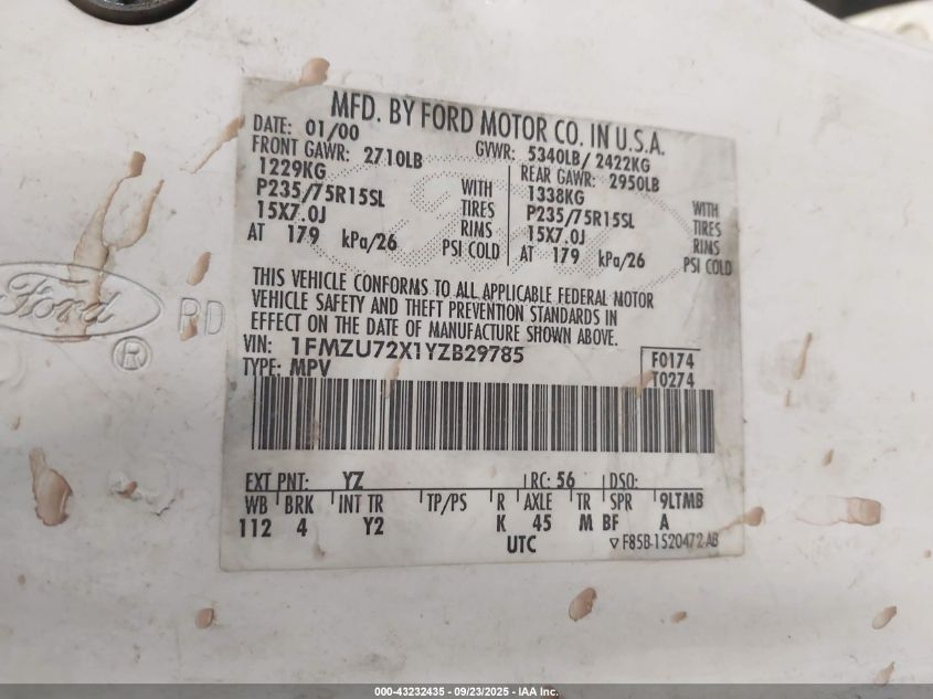 2000 Ford Explorer Xls VIN: 1FMZU72X1YZB29785 Lot: 43232435