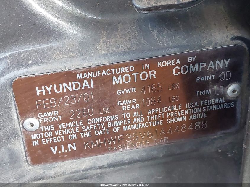 2001 Hyundai Sonata Gls/Gls W/Leather VIN: KMHWF35V61A448488 Lot: 43232436
