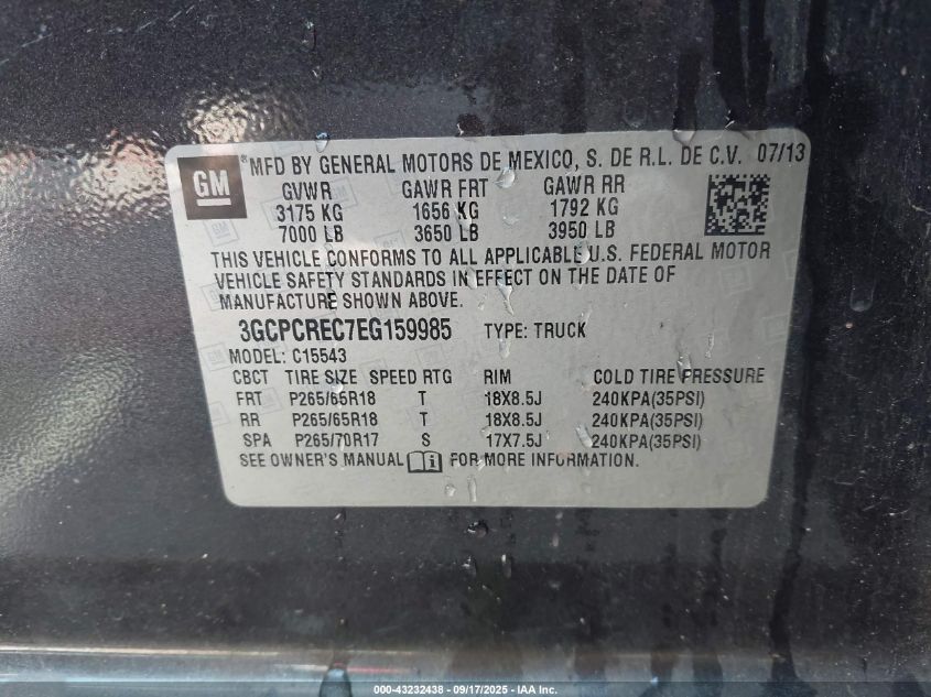 2014 Chevrolet Silverado 1500 1Lt VIN: 3GCPCREC7EG159985 Lot: 43232438