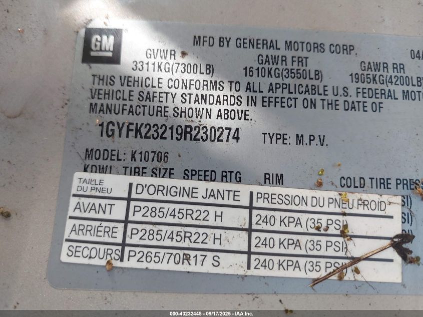 2009 Cadillac Escalade Standard VIN: 1GYFK23219R230274 Lot: 43232445