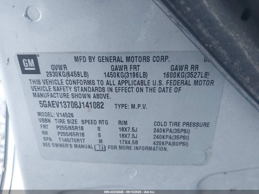 2008 Buick Enclave Cx VIN: 5GAEV13708J141082 Lot: 43232448