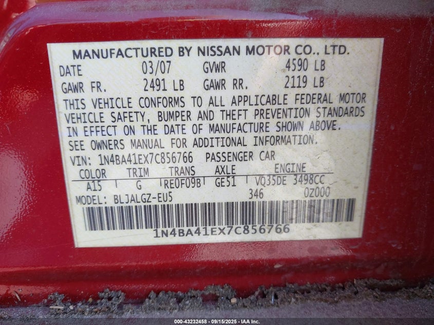2007 Nissan Maxima 3.5 Sl VIN: 1N4BA41EX7C856766 Lot: 43232458