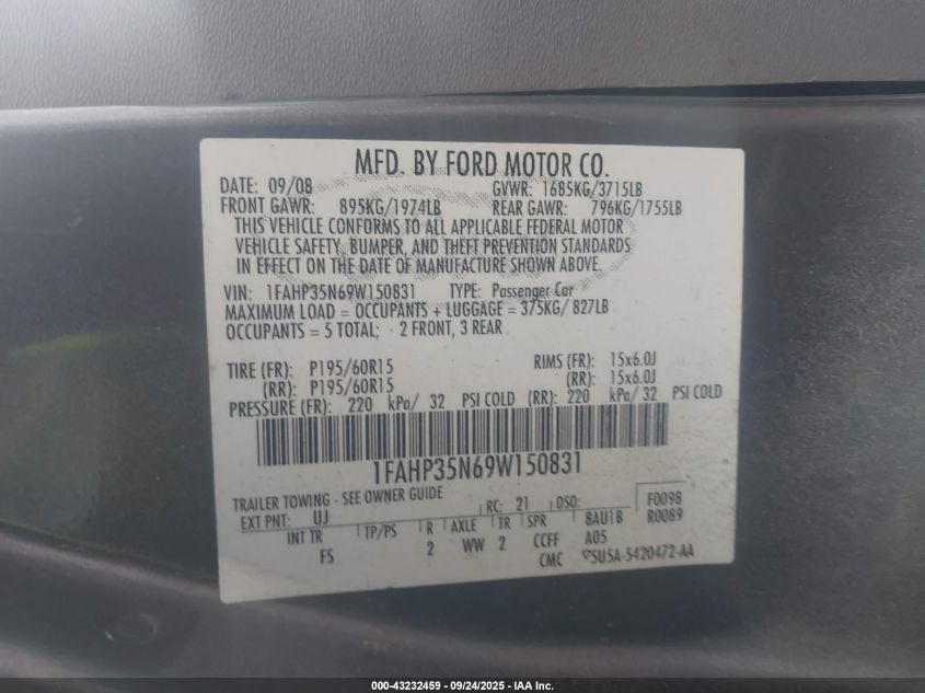 2009 Ford Focus Se VIN: 1FAHP35N69W150831 Lot: 43232459