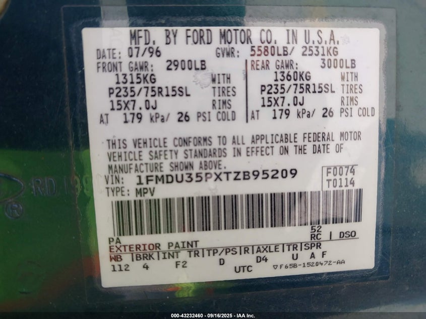 1996 Ford Explorer VIN: 1FMDU35PXTZB95209 Lot: 43232460