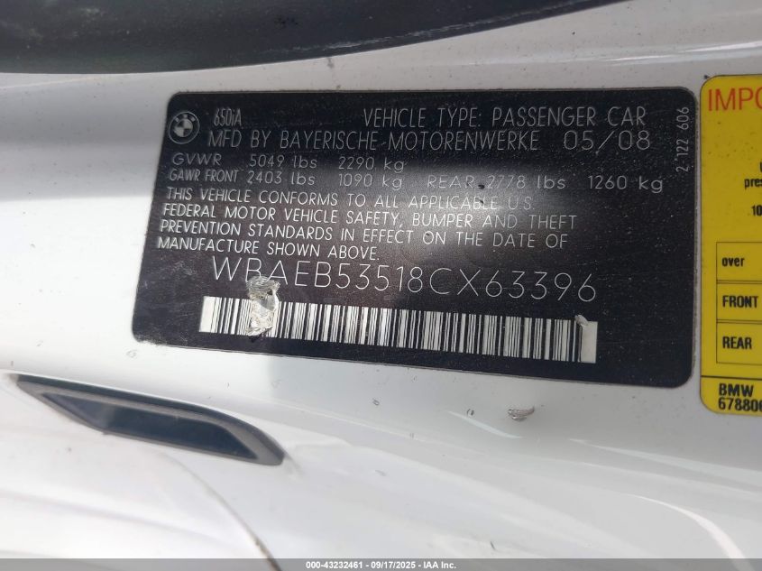 2008 BMW 650I VIN: WBAEB53518CX63396 Lot: 43232461