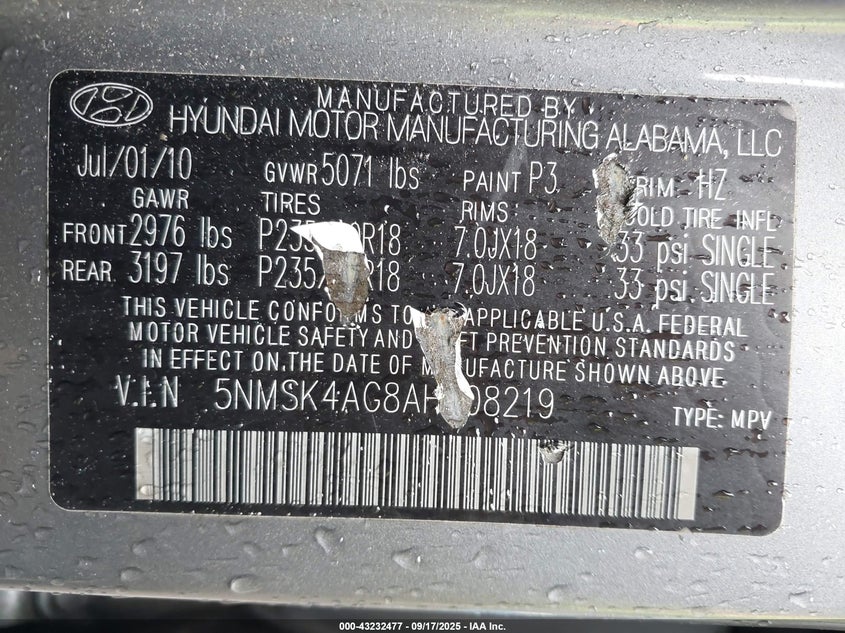 2010 Hyundai Santa Fe Limited V6 VIN: 5NMSK4AG8AH408219 Lot: 43232477