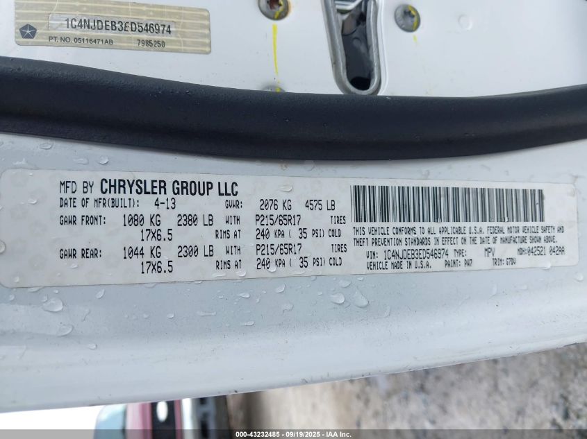 2014 Jeep Compass Latitude VIN: 1C4NJDEB3ED546974 Lot: 43232485