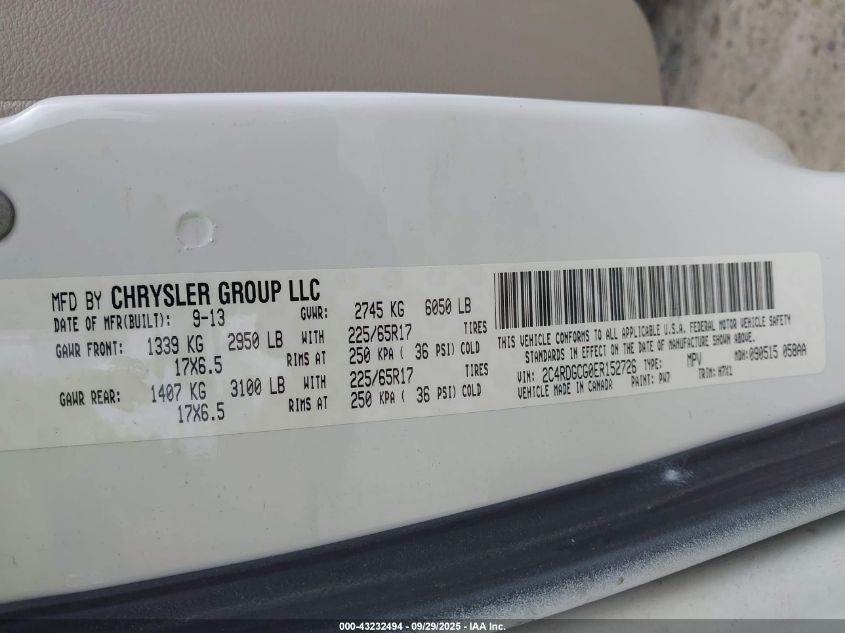 2014 Dodge Grand Caravan Sxt VIN: 2C4RDGCG0ER152726 Lot: 43232494