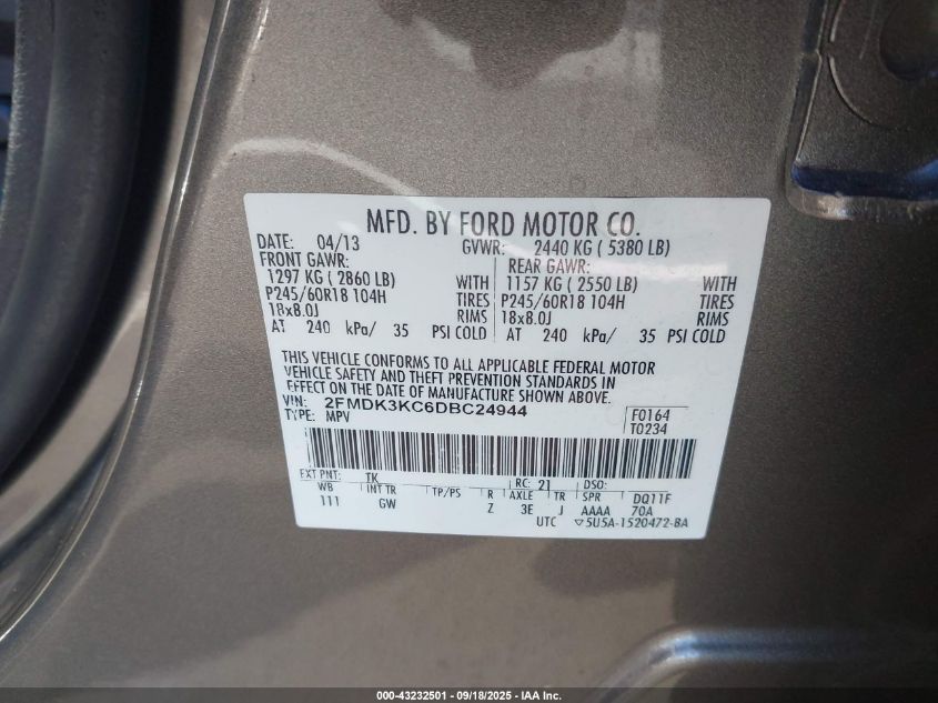 2013 Ford Edge Limited VIN: 2FMDK3KC6DBC24944 Lot: 43232501