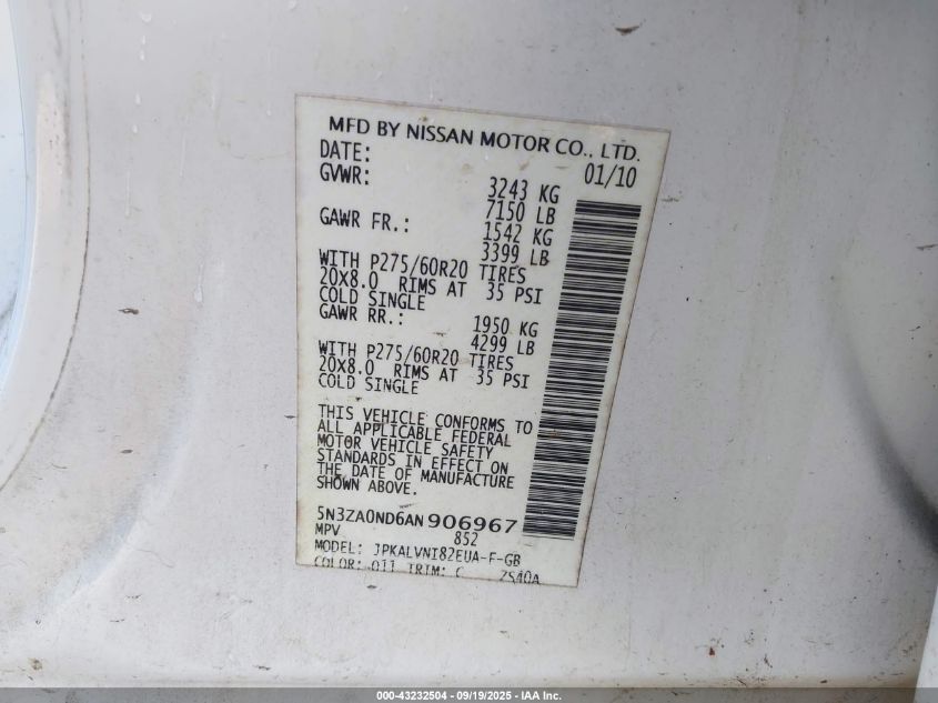 2010 Infiniti Qx56 VIN: 5N3ZA0ND6AN906967 Lot: 43232504