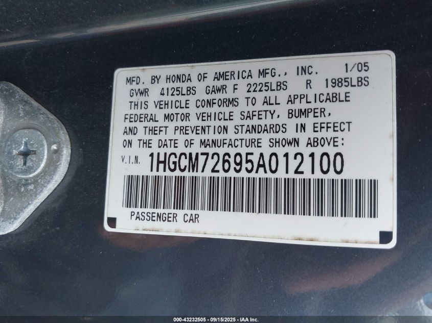 2005 Honda Accord 2.4 Ex VIN: 1HGCM72695A012100 Lot: 43232505