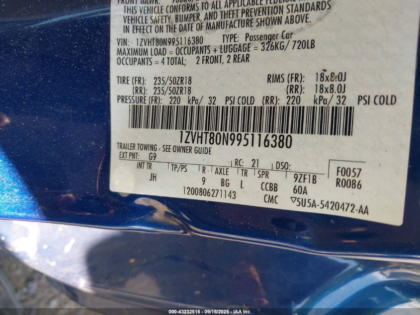 2009 Ford Mustang V6/V6 Premium VIN: 1ZVHT80N995116380 Lot: 43232516