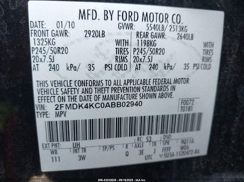 2010 Ford Edge Limited VIN: 2FMDK4KC0ABB02940 Lot: 43232528