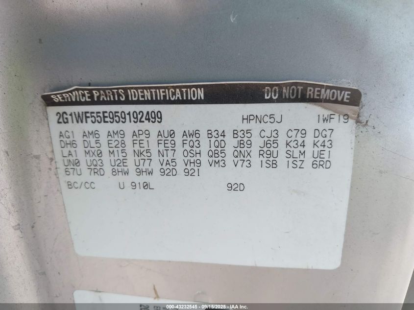 2005 Chevrolet Impala VIN: 2G1WF55E959192499 Lot: 43232545