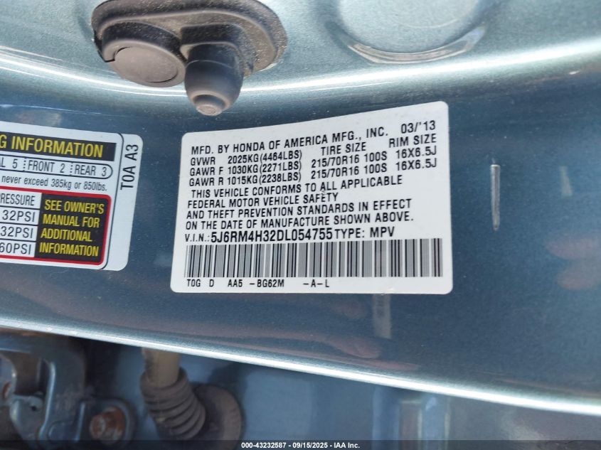 2013 Honda Cr-V Lx VIN: 5J6RM4H32DL054755 Lot: 43232587