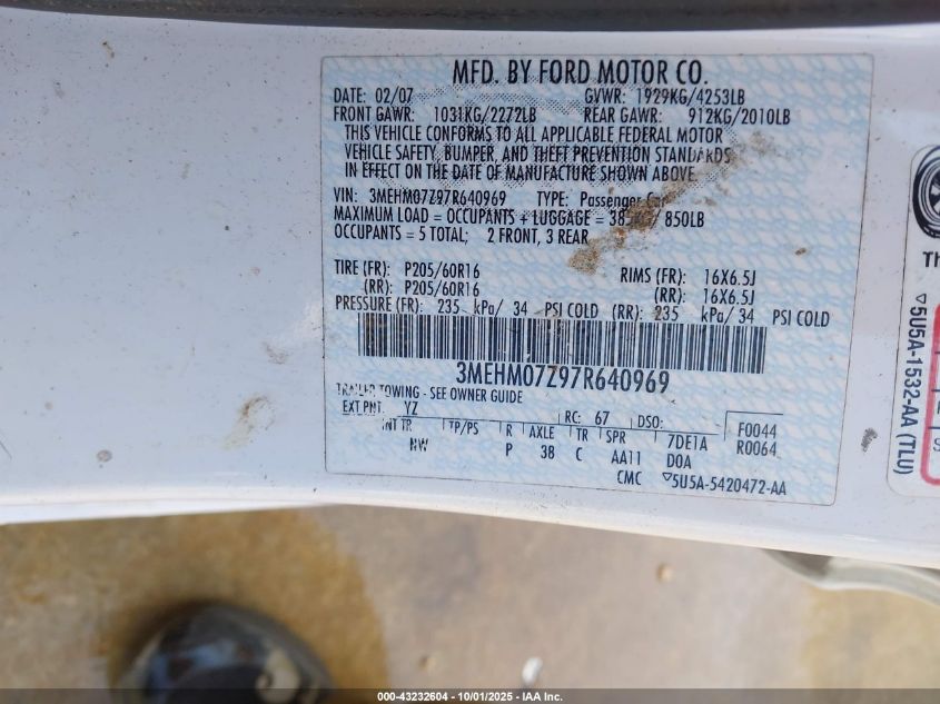 2007 Mercury Milan I4 VIN: 3MEHM07Z97R640969 Lot: 43232604