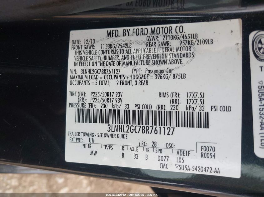 2011 Lincoln Mkz VIN: 3LNHL2GC7BR761127 Lot: 43232612