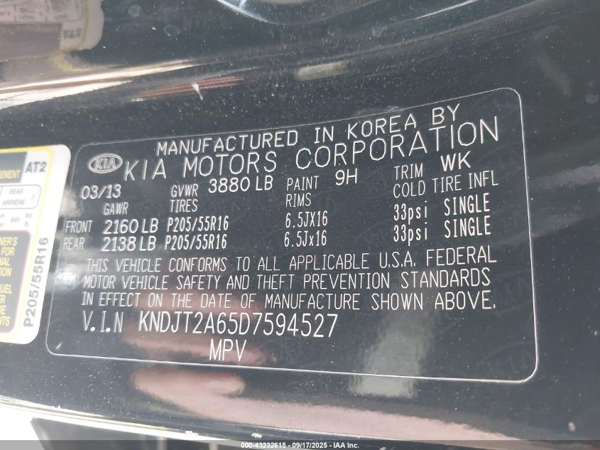 2013 Kia Soul + VIN: KNDJT2A65D7594527 Lot: 43232615