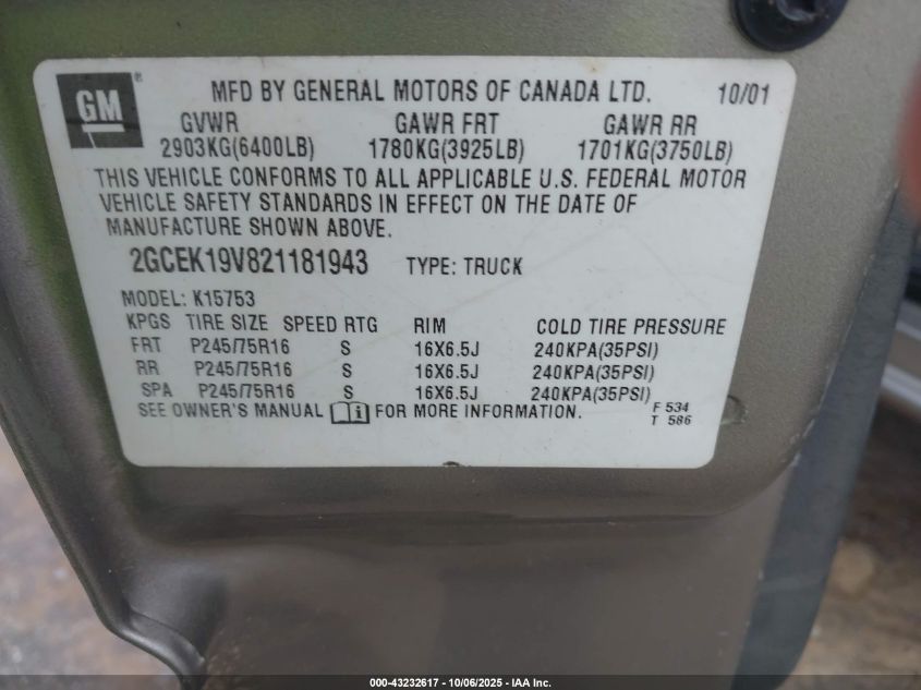 2002 Chevrolet Silverado 1500 VIN: 2GCEK19V821181943 Lot: 43232617