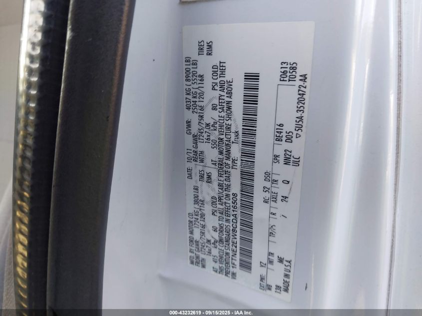 2012 Ford E-250 Commercial VIN: 1FTNE2EW8CDA16508 Lot: 43232619