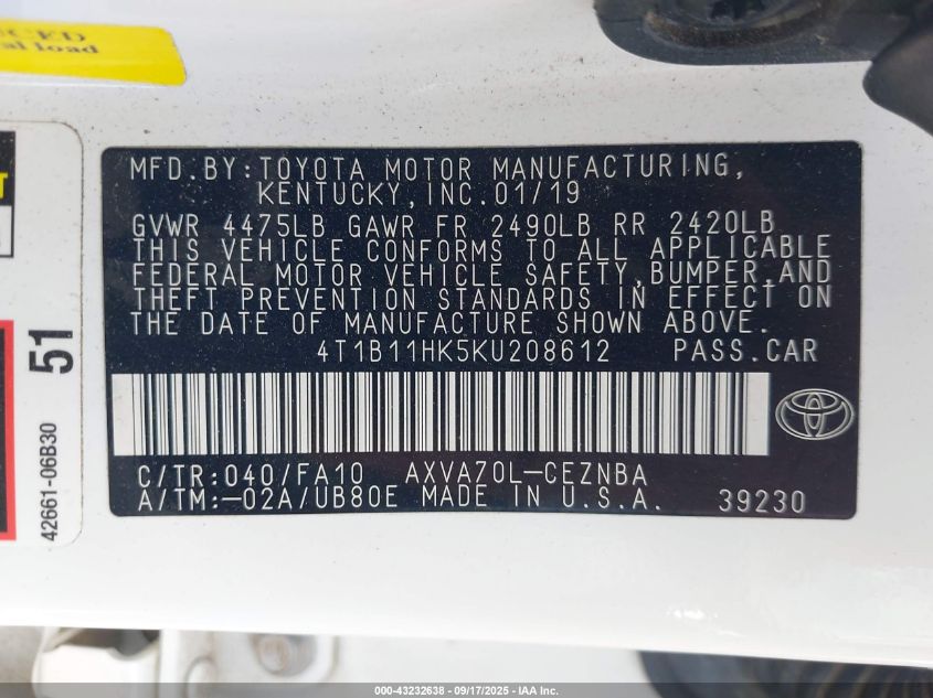2019 Toyota Camry L/Le/Se/Xle VIN: 4T1B11HK5KU208612 Lot: 43232638