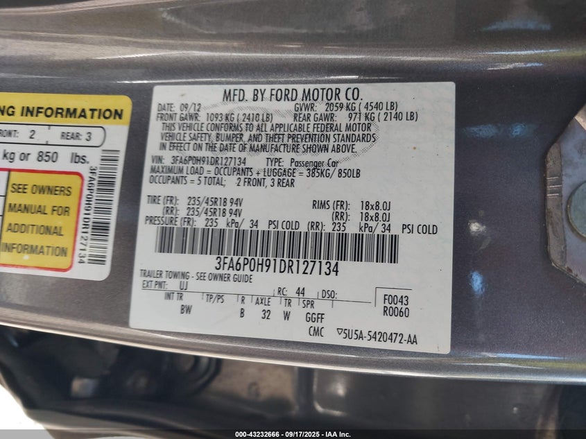 2013 Ford Fusion Se VIN: 3FA6P0H91DR127134 Lot: 43232666