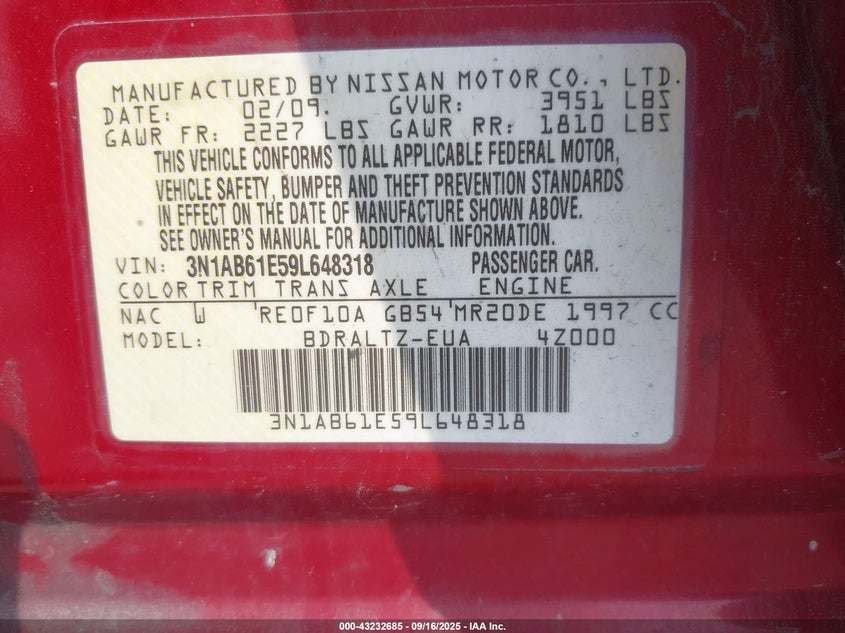 2009 Nissan Sentra 2.0S VIN: 3N1AB61E59L648318 Lot: 43232685