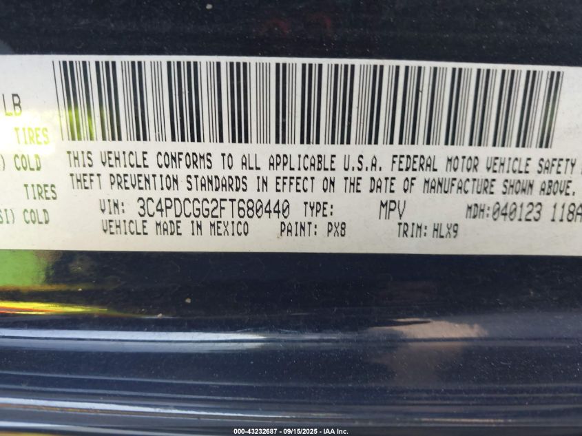 2015 Dodge Journey Crossroad VIN: 3C4PDCGG2FT680440 Lot: 43232687