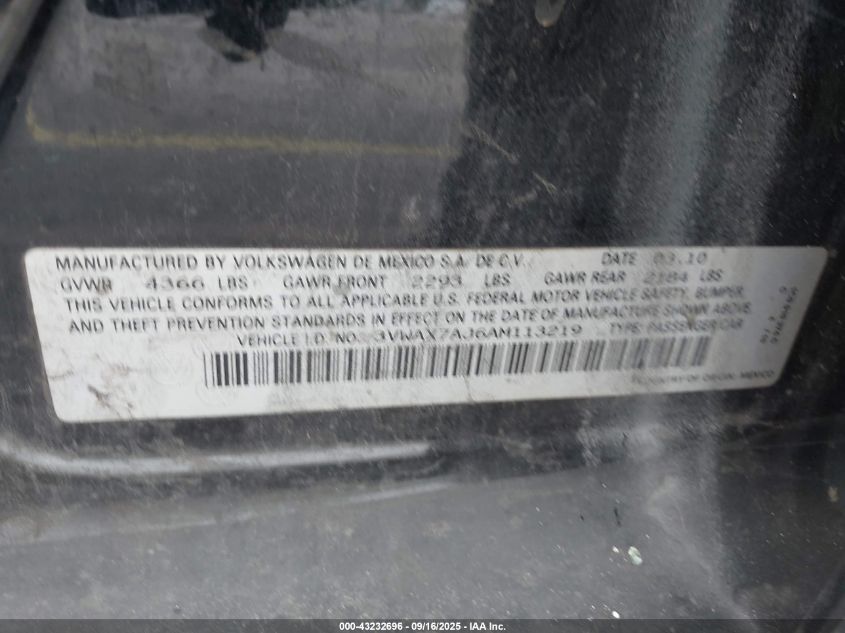 2010 Volkswagen Jetta Limited Edition VIN: 3VWAX7AJ6AM113219 Lot: 43232696