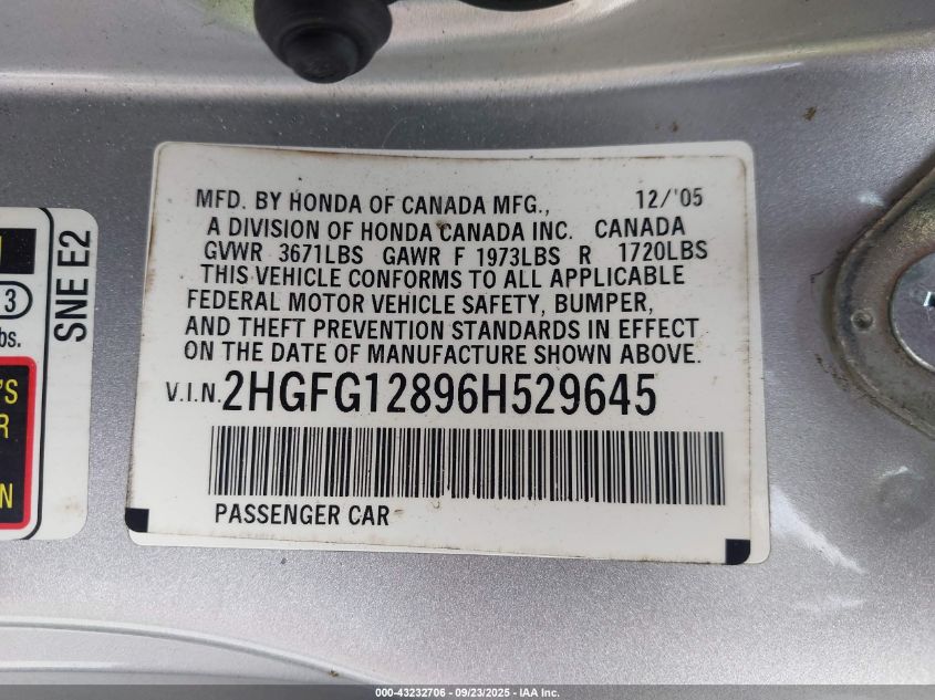 2006 Honda Civic Ex VIN: 2HGFG12896H529645 Lot: 43232706