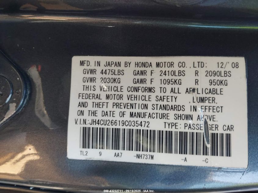 2009 Acura Tsx VIN: JH4CU26619C035472 Lot: 43232711
