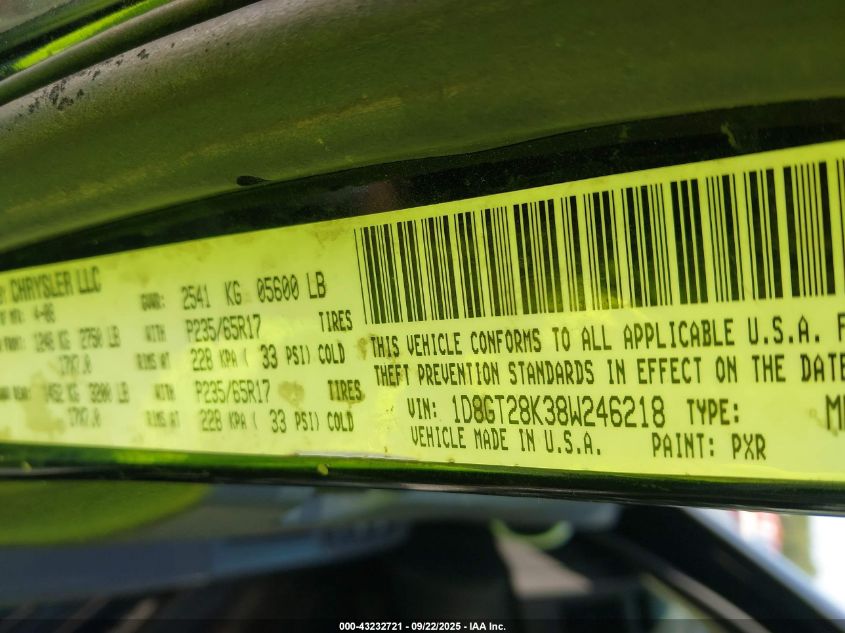 2008 Dodge Nitro Sxt VIN: 1D8GT28K38W246218 Lot: 43232721