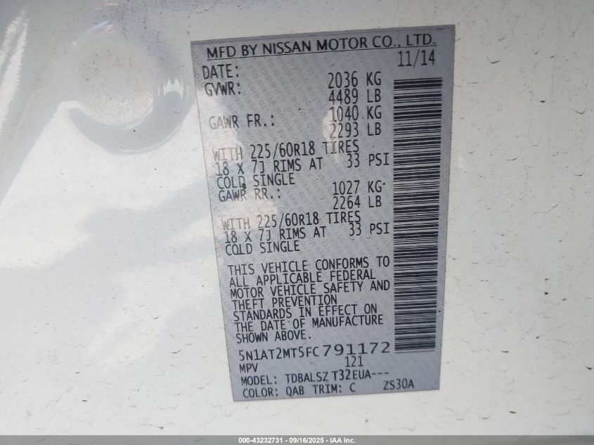 2015 Nissan Rogue Sl VIN: 5N1AT2MT5FC791172 Lot: 43232731