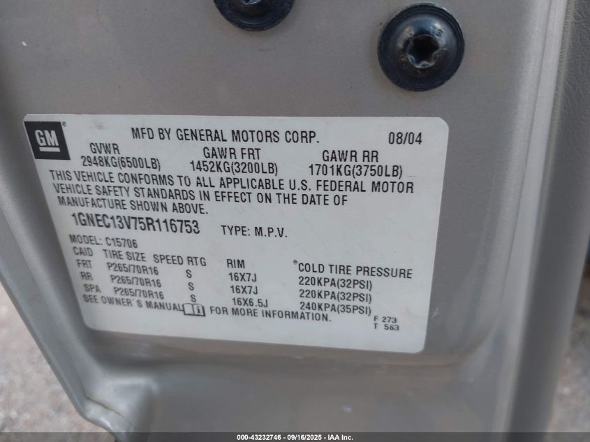 2005 Chevrolet Tahoe Ls VIN: 1GNEC13V75R116753 Lot: 43232746