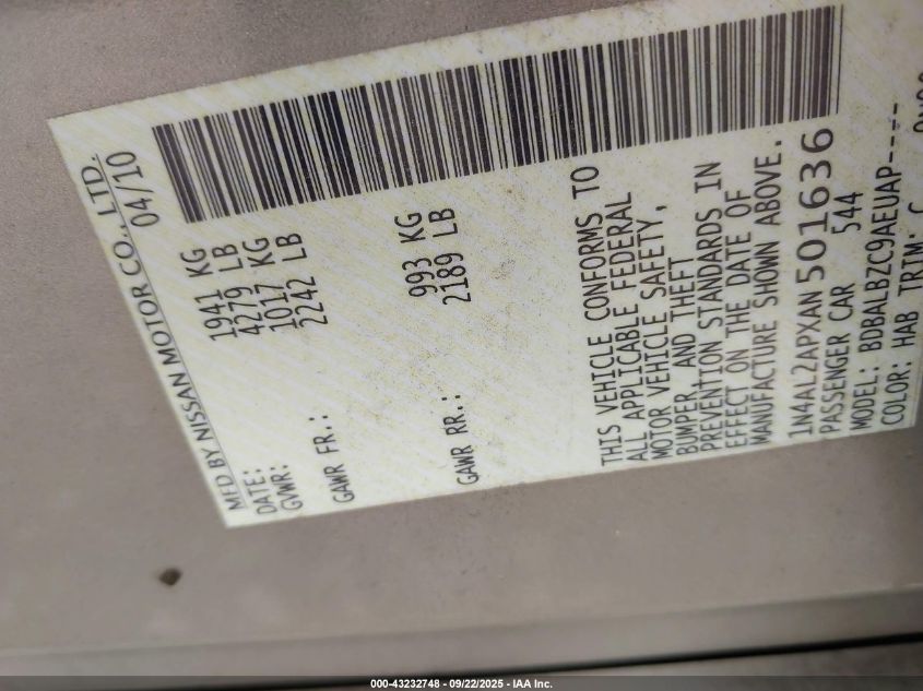 2010 Nissan Altima 2.5 S VIN: 1N4AL2APXAN501636 Lot: 43232748