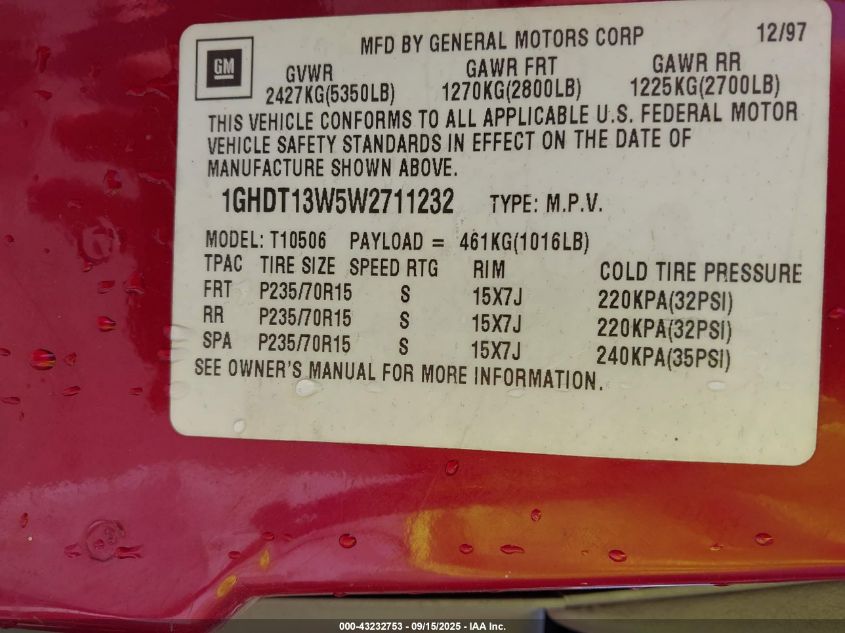 1998 Oldsmobile Bravada VIN: 1GHDT13W5W2711232 Lot: 43232753