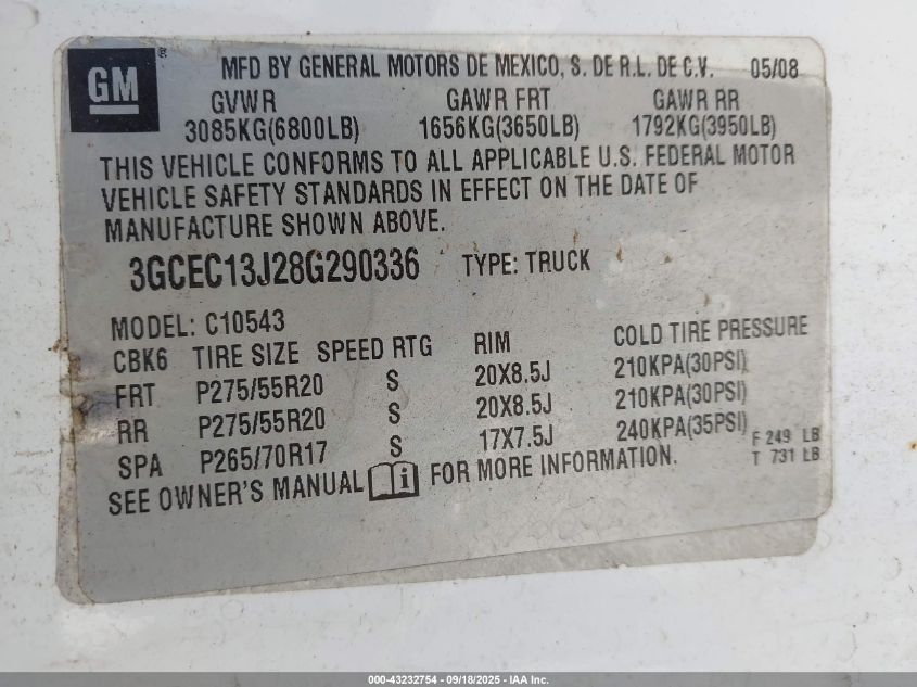 2008 Chevrolet Silverado 1500 Ltz VIN: 3GCEC13J28G290336 Lot: 43232754