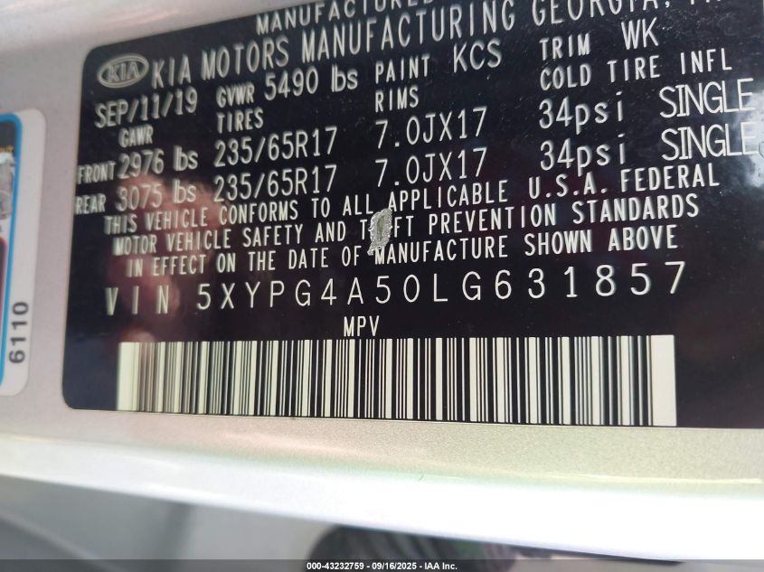 2020 Kia Sorento 3.3L Lx VIN: 5XYPG4A50LG631857 Lot: 43232759