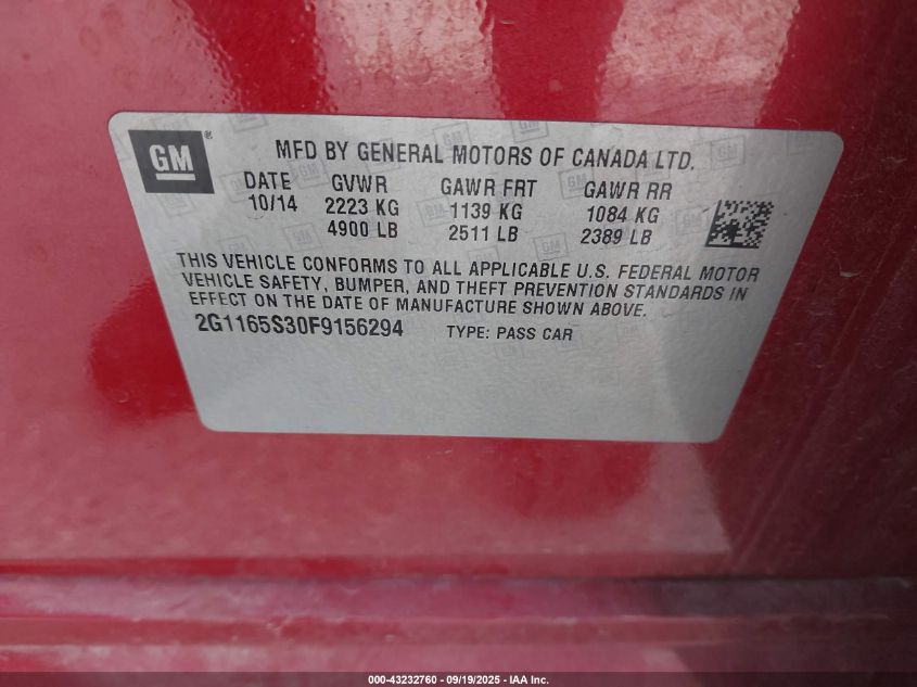 2015 Chevrolet Impala 2Lz VIN: 2G1165S30F9156294 Lot: 43232760