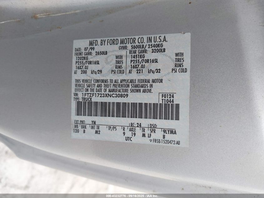 1999 Ford F-150 Work Series/Xl/Xlt VIN: 1FTZF1723XNC30809 Lot: 43232776