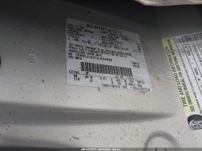 2005 Ford Expedition Xlt VIN: 1FMFU16515LA54920 Lot: 43232777
