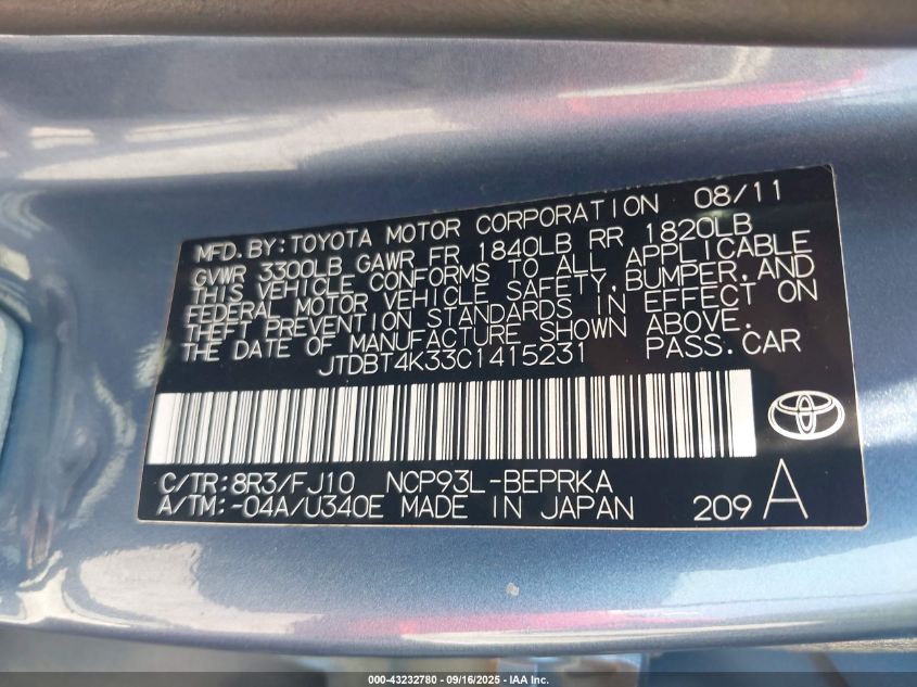 2012 Toyota Yaris VIN: JTDBT4K33C1415231 Lot: 43232780