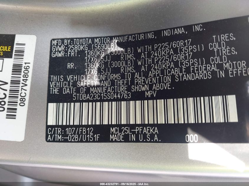 2005 Toyota Sienna Le VIN: 5TDBA23C15S044763 Lot: 43232791