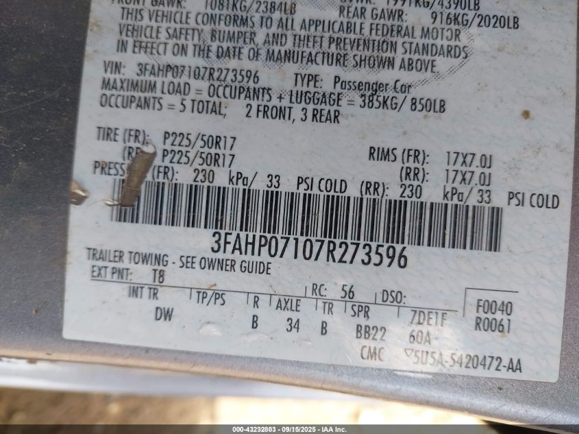 2007 Ford Fusion Se VIN: 3FAHP07107R273596 Lot: 43232803