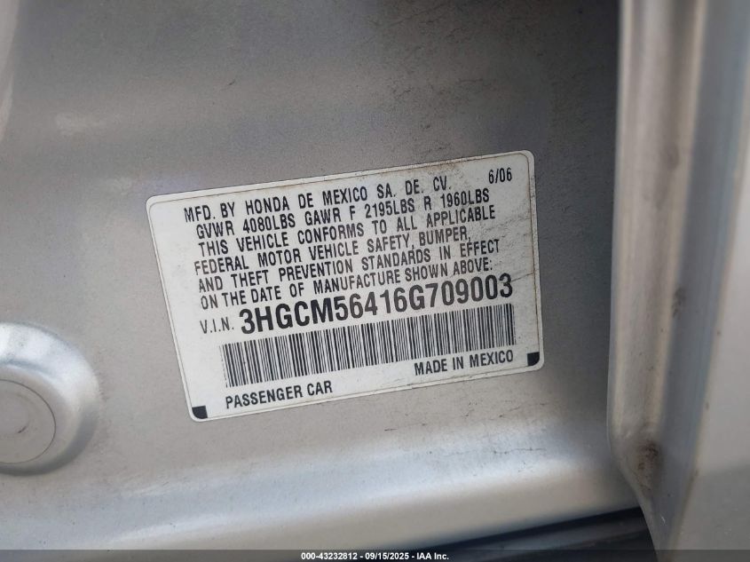2006 Honda Accord 2.4 Lx VIN: 3HGCM56416G709003 Lot: 43232812